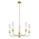 Brezton 5 Lamp Chandelier, Brushed Brass, Ribbed Glass, 50cm Wide