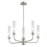Brezton 5 Lamp Chandelier, Brushed Nickel, Ribbed Glass, Galvanised Steel, 50cm Wide
