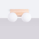 Lumbo 2 Lamp Ceiling Light, Natural Wood, White Glass Globes, 29cm Length