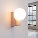 Lumbo Globe Wall Light, Natural Wood, White Glass, 12cm Wide