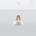 Kaska White Pendant Light, Natural Wood & Metal, 1 Lamp, 30cm Diameter