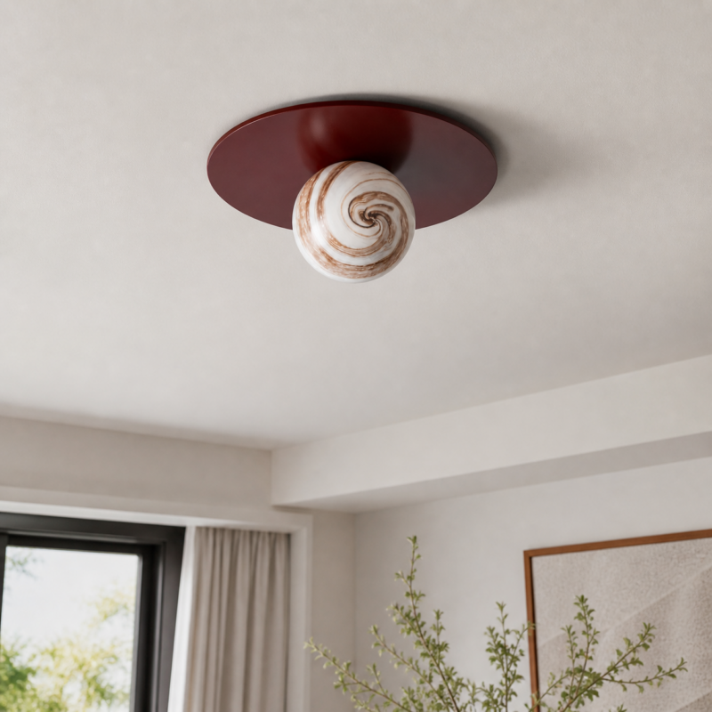 lava circular wall lamp, chocolate brown metal, marble glass, 30cm diameter