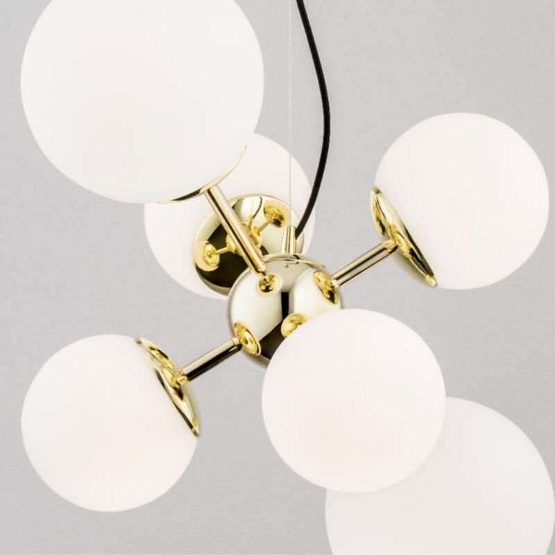 elite 6 light pendant lamp, opal glass, brass, 70cm width