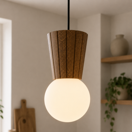 foltant single pendant light, dark wood, opal glass shade, 12cm wide