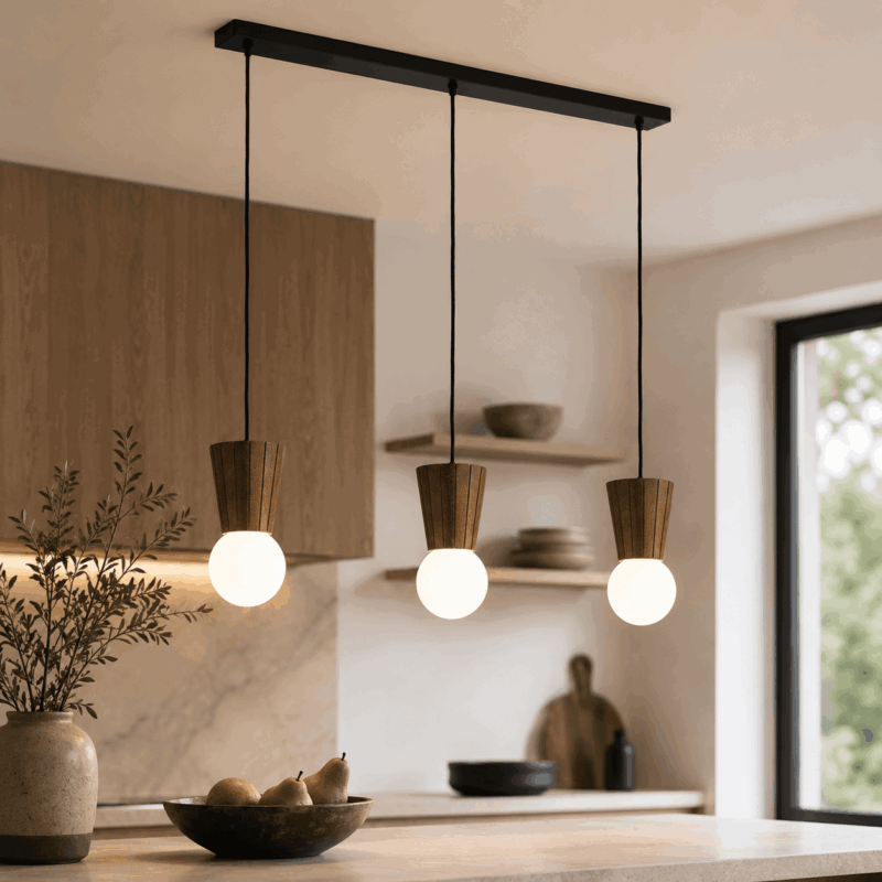 foltant 3 light pendant lamp, glass shades, dark wood, 90cm length