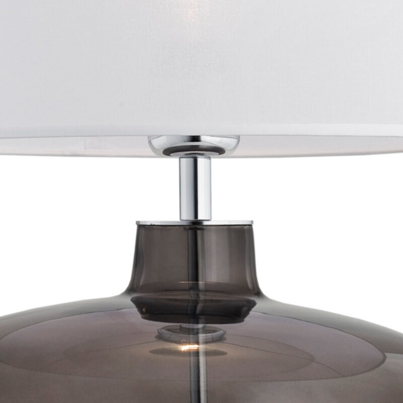 kwana table lamp, smoked glass, white fabric drum shade, 35cm width