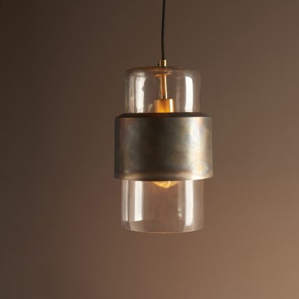 Close up of the lower section of the Leo Pendant Bronze Light with clear glass shade and bronze steel.