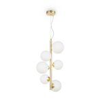 Dallas 6 Light Pendant Light, White Glass, Gold Metal, 29cm Wide