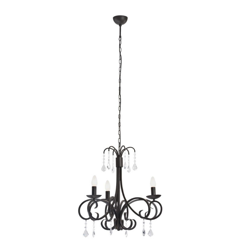 Dema black chandelier with three curved arms, crystal glass drops and upward-facing candle holders.