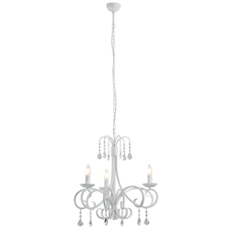 Dema white chandelier with three arms, crystal glass drops and upward-facing candle bulb holders.