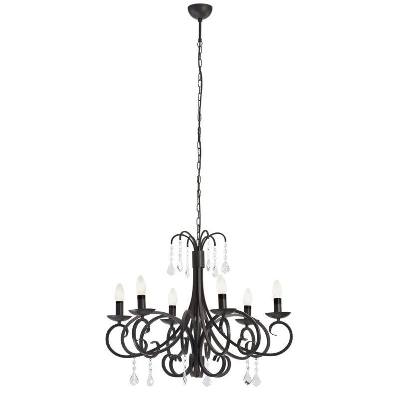 Dema crystal chandelier with six curved black arms and hanging crystal droplets.
