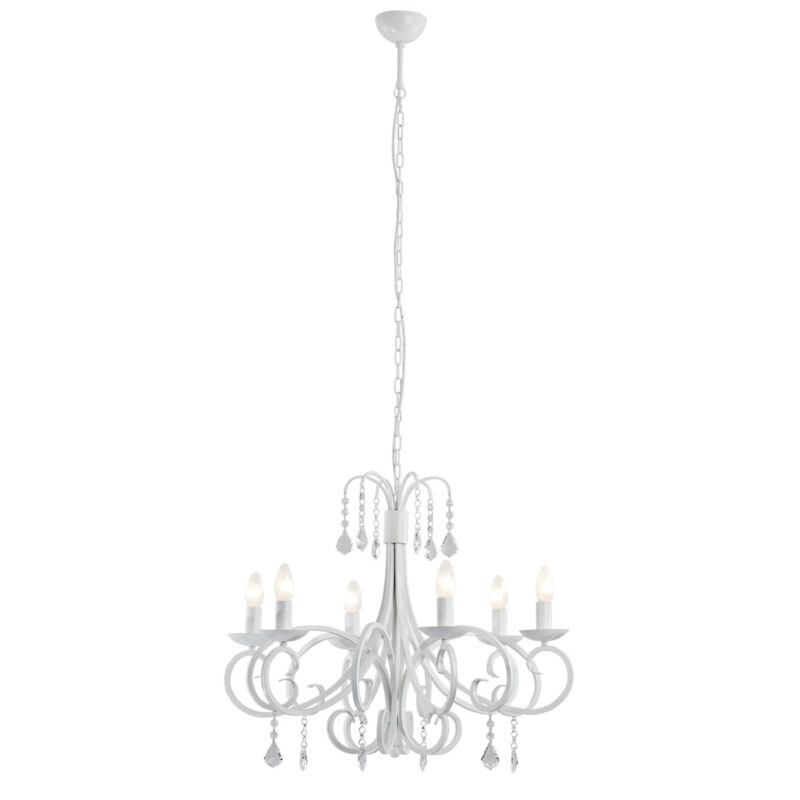 Dema white chandelier with six arms, crystal glass drops and upward-facing candle bulb holders.