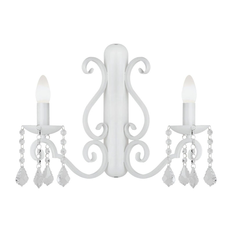 White Dema wall light with crystal glass droplets and two upward candle holders.