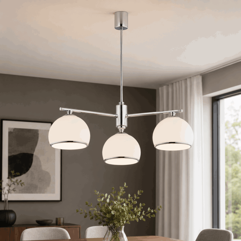 bella 3 light down facing chandelier, chrome metal, opal glass, 55cm wide