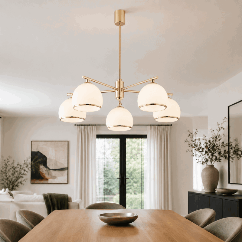 bella 5 light down facing chandelier, brass metal, opal glass shades, 68cm width