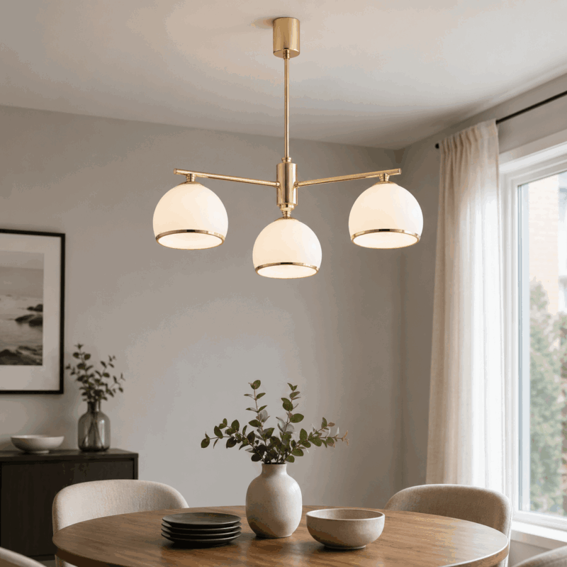 bella 3 lamp down facing chandelier, brass metal, opal glass shades, 55cm width