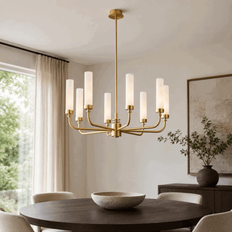 brezton 8 lamp chandelier,brushed brass, milk glass, 65cm wide