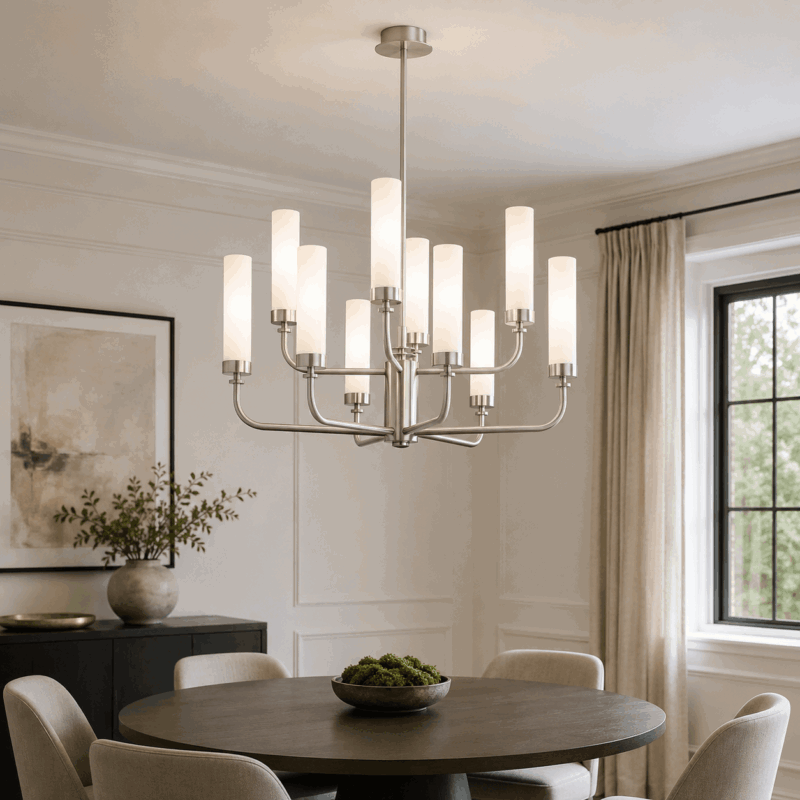 brezton 12 light armed chandelier, brushed nickel, two tiers, milk glass, 65cm wide