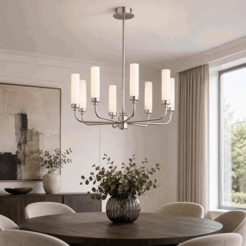 brezton 8 light chandelier, brushed nickel, milk glass, steel, 65cm wide