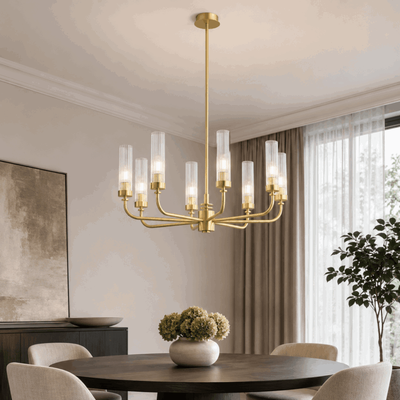 brezton 8 light chandelier,brushed brass, ribbed glass, 65cm wide
