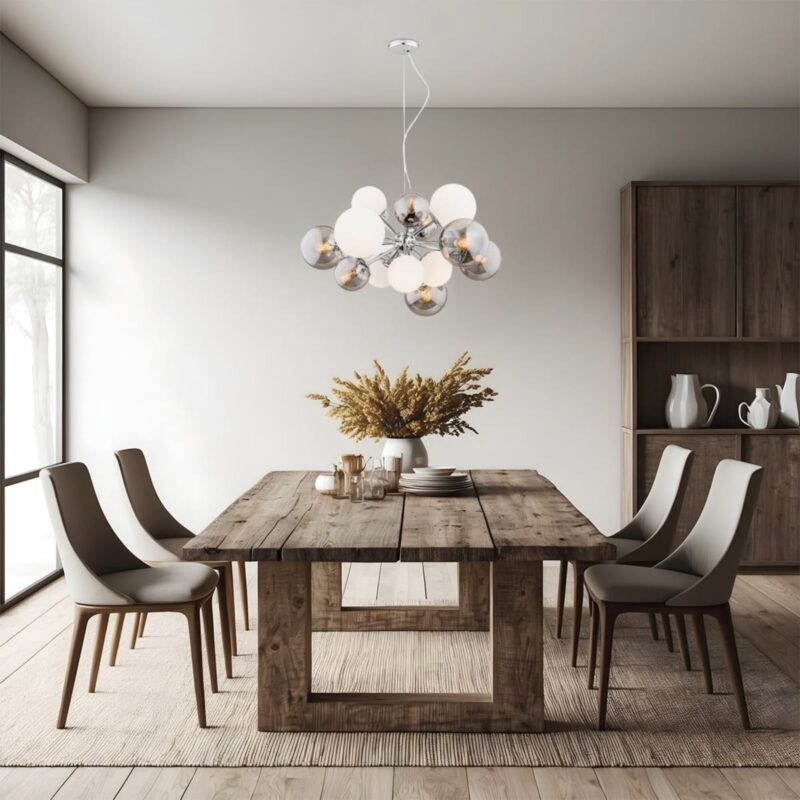 elite 15 light pendant lamp, grey and opal glass, 87cm width