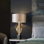 Oratio Table Lamp, Gold Leaf Hoops, Mink Drum Fabric Shade