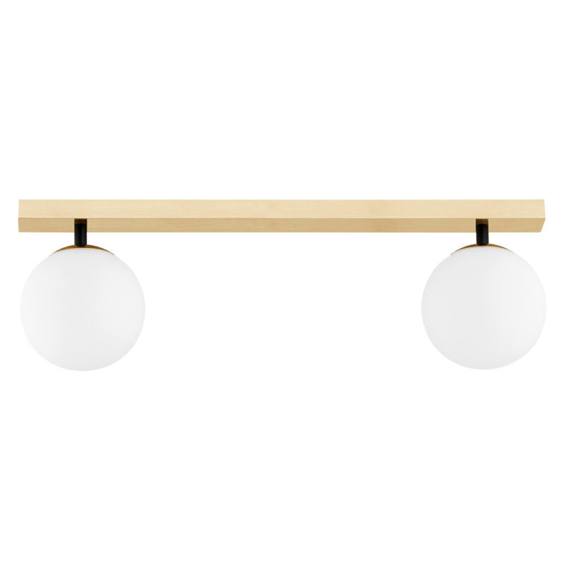 Emont ceiling track light with two round opal glass shades on brushed brass linear bar.
