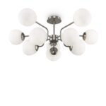 Erich 10 Light Ceiling Lamp, Semi Flush, Nickel Metal, White Glass, 90.7cm Wide