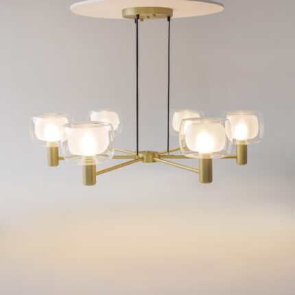 vision gold chandelier, 6 light, clear & frosted glass, 96cm wide