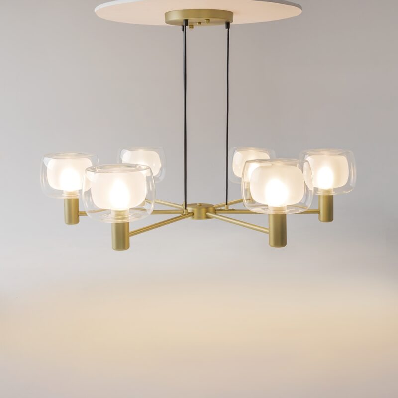 vision gold chandelier, 6 light, clear & frosted glass, 96cm wide