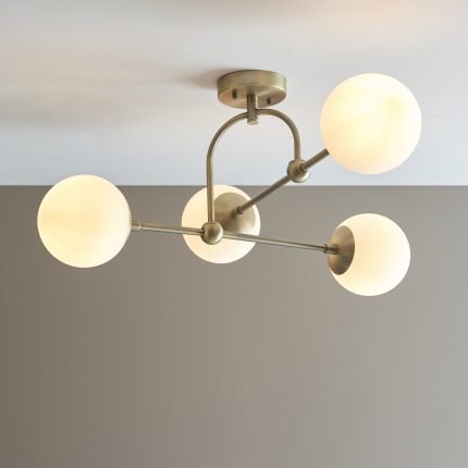 Felix Ceiling Light, Antique Brass, Glass, Semi Flush, 70.5cm installed on a white ceiling.