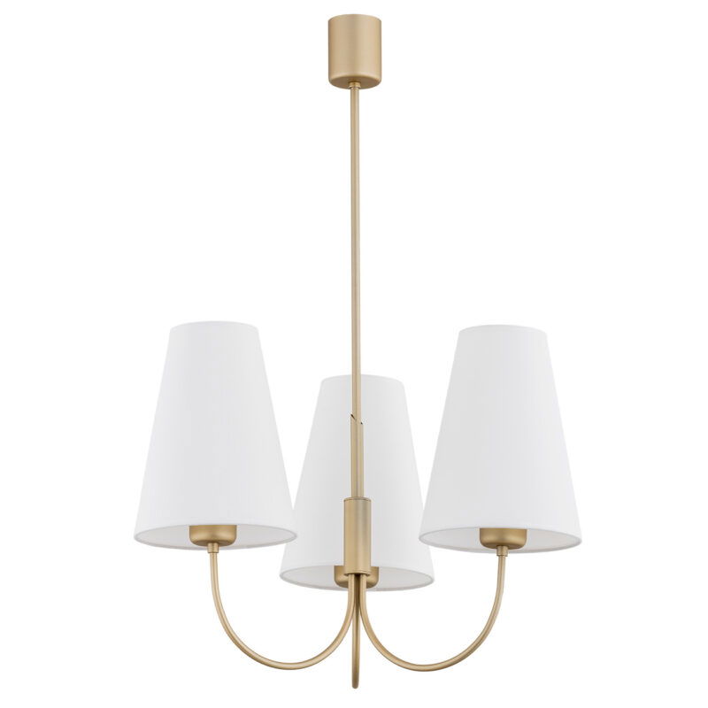 Angled view of Fiano chandelier showing three-arm arrangement with white shades.