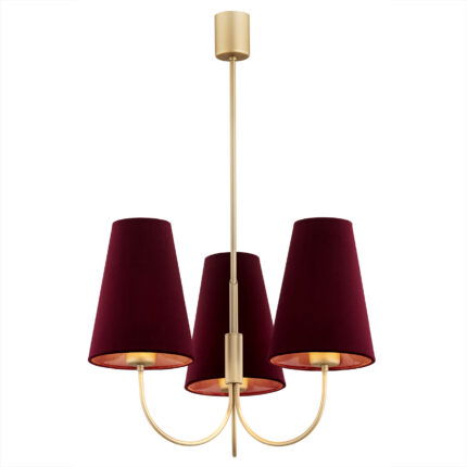 Fiano chandelier with gold frame and three burgundy cone shades facing upward.