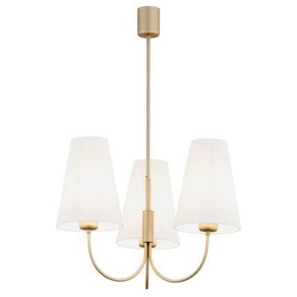 Fiano chandelier with gold frame and three white cone shades facing upward.