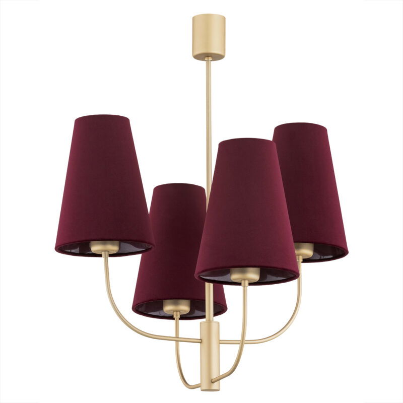 Side view of Fiano chandelier showing two-tier arrangement with four burgundy shades.