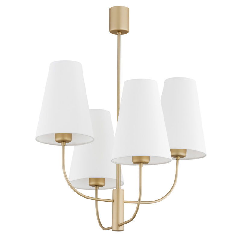Side view of Fiano chandelier showing two-tier arrangement with four white shades.