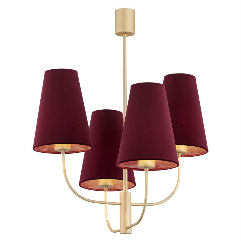 Fiano chandelier with gold frame and four burgundy cone shades in two-tier design.