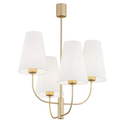 Fiano chandelier with gold frame and four white cone shades in two-tier design.