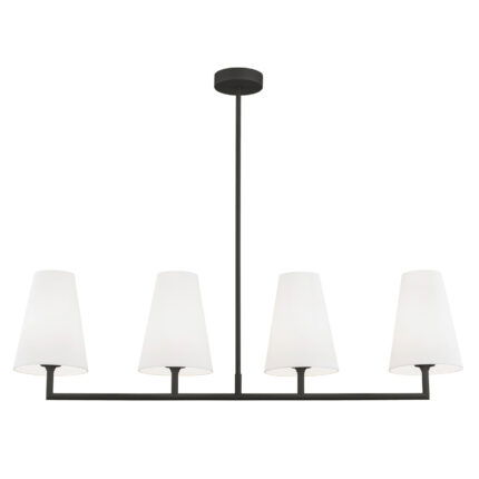 Fiano pendant light with black linear bar and four white cone shades facing upward.