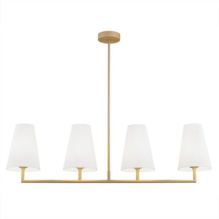 Fiano pendant light with gold linear bar and four white cone shades facing upward.