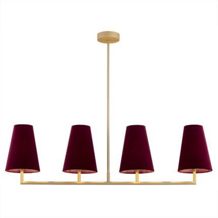 Fiano pendant light with gold linear bar and four burgundy cone shades facing upward.