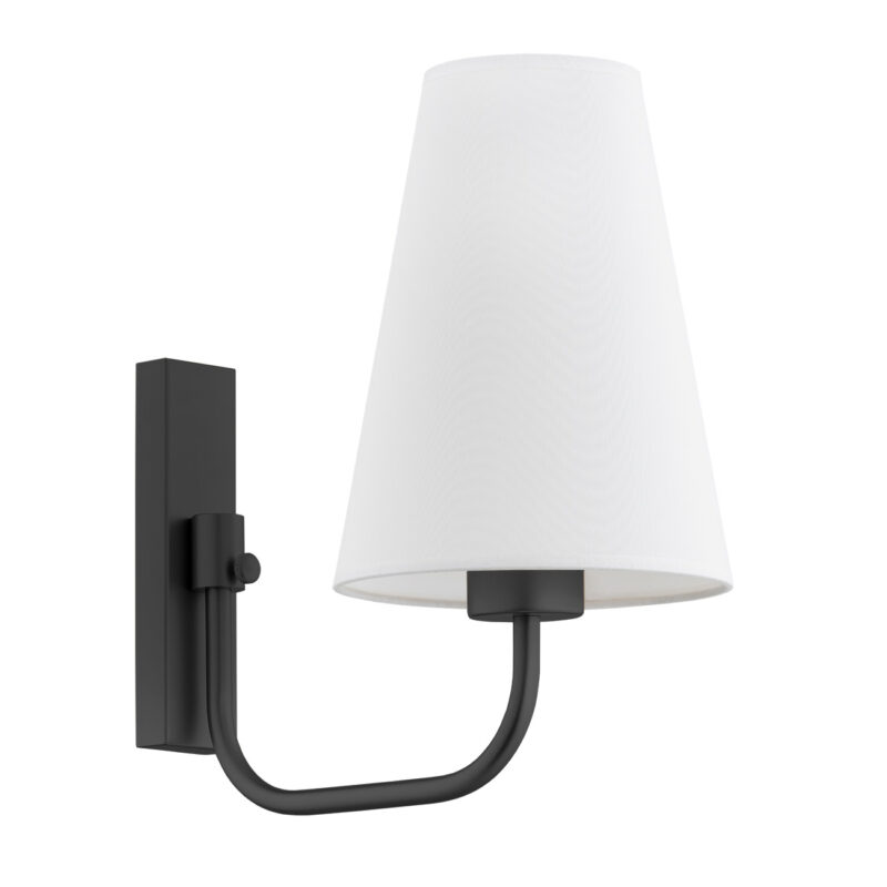 Side profile view of Fiano wall lamp showing black arm extension and white shade.