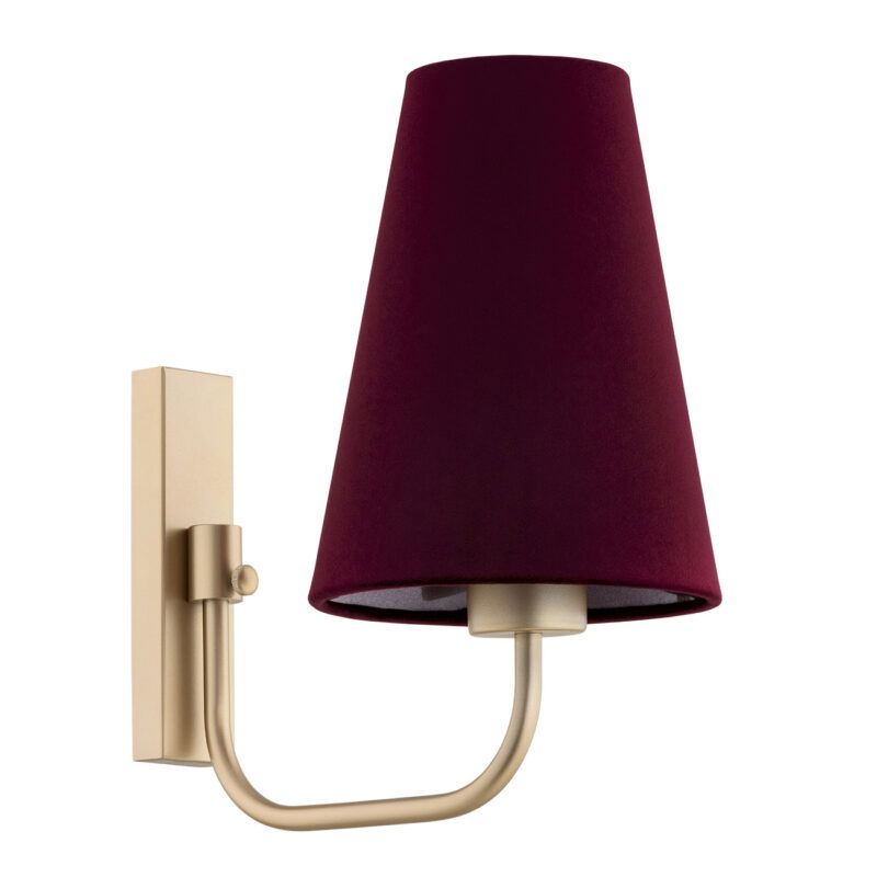 Side profile view of Fiano wall lamp showing gold arm extension and burgundy shade.