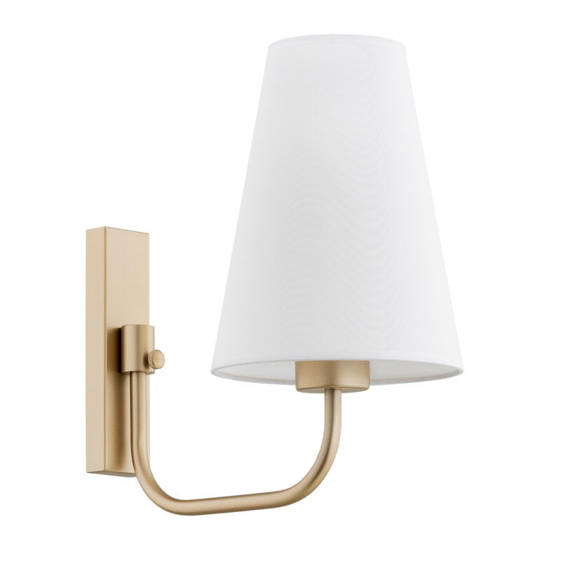 Side view of Fiano wall lamp showing gold arm extension and white shade.