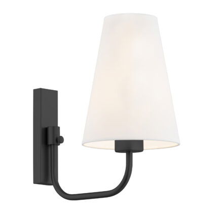 Fiano wall lamp with black mount and white fluted cone shade facing upward.