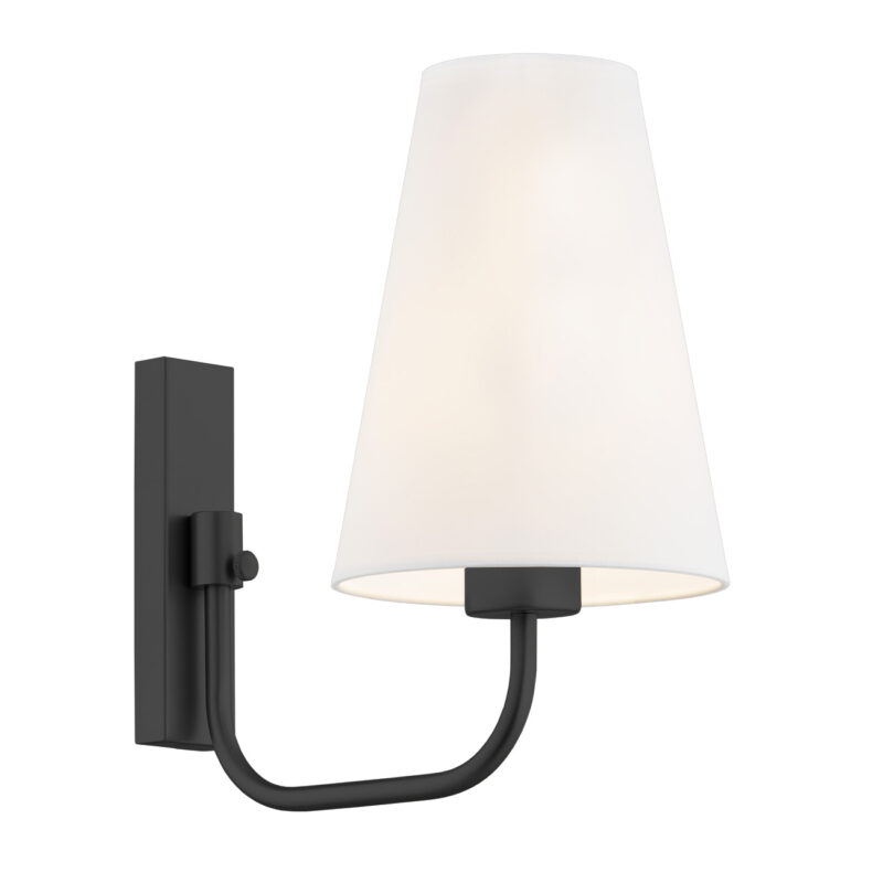 Fiano wall lamp with black mount and white fluted cone shade facing upward.