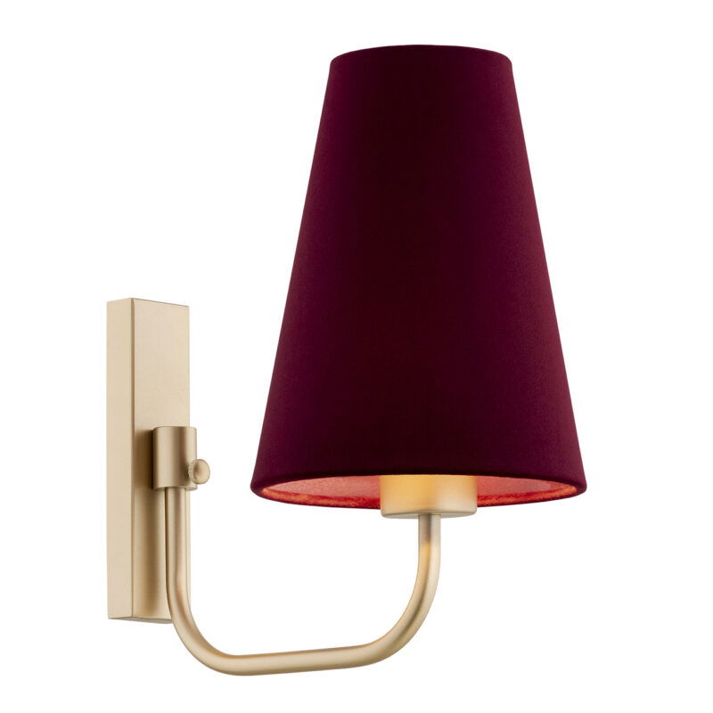 Fiano wall lamp with gold mount and burgundy fluted cone shade facing upward.