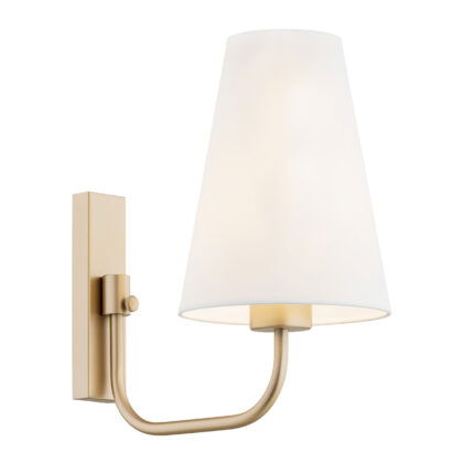 Fiano wall lamp with gold mount and white fluted cone shade facing upward.
