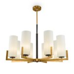 Fortano 8 Light Chandelier, Black & Brass Metal, White Glass Shades, 76cm Wide
