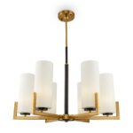 Fortano 6 Lamp Chandelier, Black & Brass Metal, White Shades, 67cm Wide